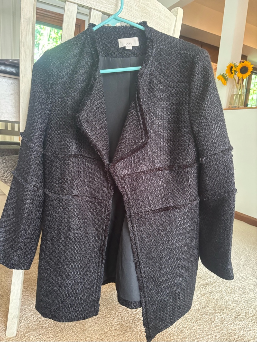 LOFT Black Textured Open-Front Blazer with Fringe Trim